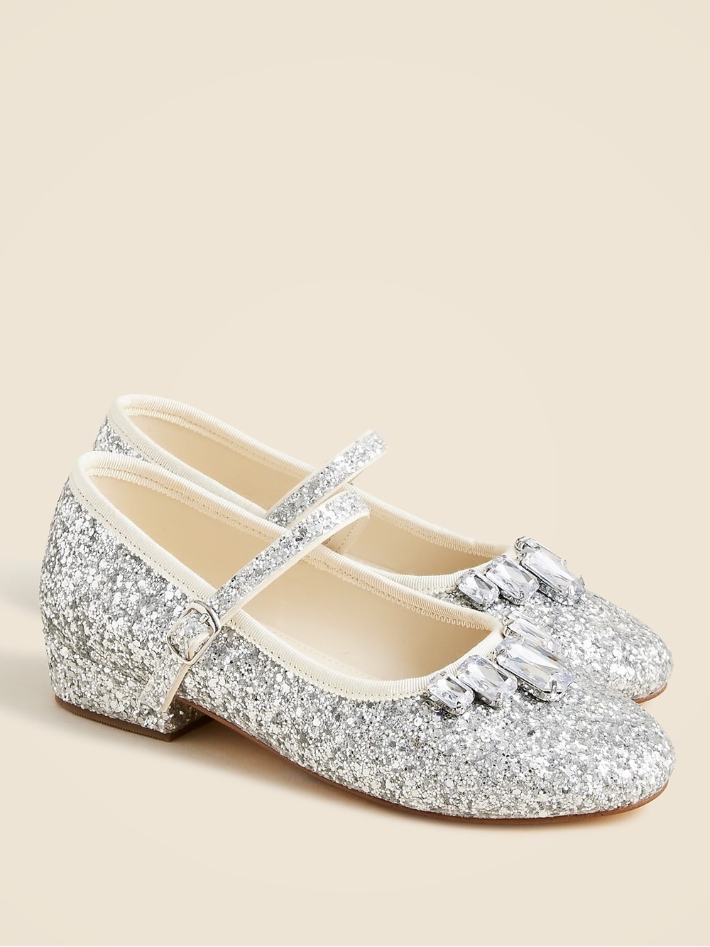 J. Crew Crewcuts Silver Glitter Jeweled Heeled Mary Jane Dress Shoes NWOB Sz: 5K